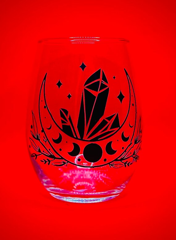 Moon phase glass etched stemless wine glass, Celestial moon, Boho wine glass