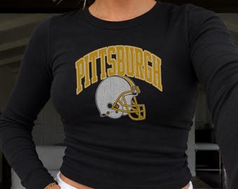 Pittsburgh Football Vintage Inspired Long Sleeve Baby Tee | Women's Cropped | Steel City Gifts for Her