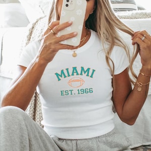 Miami Football Baby Tee for Women, Miami T-Shirt, Gift for Miami Fan, Miami FL Gift for Women, Trendy Top, Athletic Gear, Tailgating Shirt