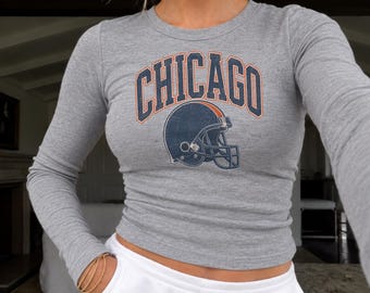 Chicago Football Vintage Inspired Long Sleeve Baby Tee | Women's Cropped | Windy City Football Gift for Her