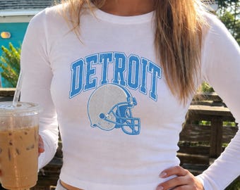 Detroit Football Vintage Inspired Long Sleeve Baby Tee | Women's Cropped | Motor City Football Gift for Her