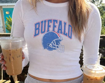 Buffalo Football Long Sleeve Baby Tee for Women: Athletic Crop Top T-Shirt