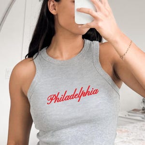 Philadelphia Baseball Script Tank Top, Women&#39;s Tank, Racer Tank, Rib Tank, Sports Tank, Baseball Fan Shirt, Tank Top for Women, Red Tank