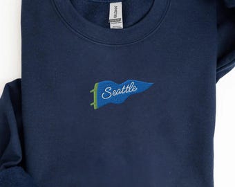 Embroidered Seattle Football Pennant Crewneck Sweatshirt: Vintage Style