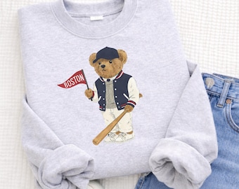 ボストン ベースボール ヴィンテージ テディベア スウェットシャツ：ブルー＆レッド ユニセックス クルーネック シティプライド プルオーバー