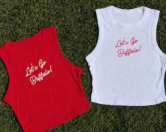 Let's Go Buffalo Vintage Script Tank Top for Women, Football Tee, Red and Blue Buffalo Football Tank