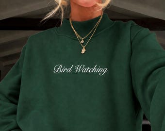 Bird Watching Embroidered Mockneck Sweatshirt | Philadelphia Football Green Embroidery Pullover for Women
