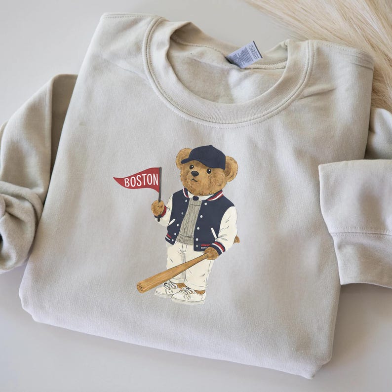 Boston Baseball, Vintage Bear Sweatshirt, Boston Mass Fan Gear, Baseball Crewneck, Retro Sportswear, Gameday Outfit, Tailgate Style, Boston Baseball Gift, Classic Varsity Sweatshirt, Cozy Baseball Pullover, Throwback Baseball, Stadium Style, Baseball Season, Teddy Bear Print, Red and Blue Print Sweatshirt