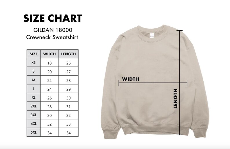 Op de afbeelding: Een beige Gildan 18000 sweater met ronde hals naast een maattabel. De tabel toont maten van XS tot 5XL met bijbehorende breedte- en lengtematen in inches. Een diagram geeft aan hoe de breedte en lengte gemeten moeten worden.
