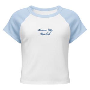 Kansas City Baseball Embroidered Baby Tee, Womens Embroidery, KC Crop Top, Blue Embroidery Cropped Shirt, Baseball Game Outfits