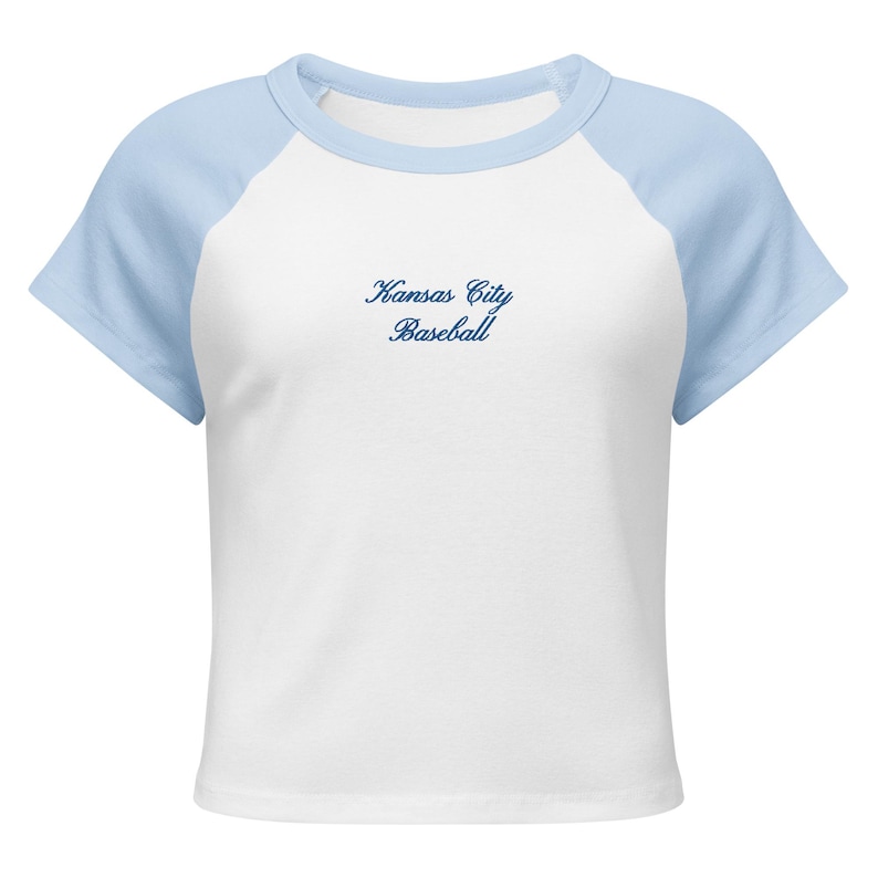 Kansas City Baseball Embroidered Baby Tee, Womens Embroidery, KC Crop Top, Blue Embroidery Cropped Shirt, Baseball Game Outfits