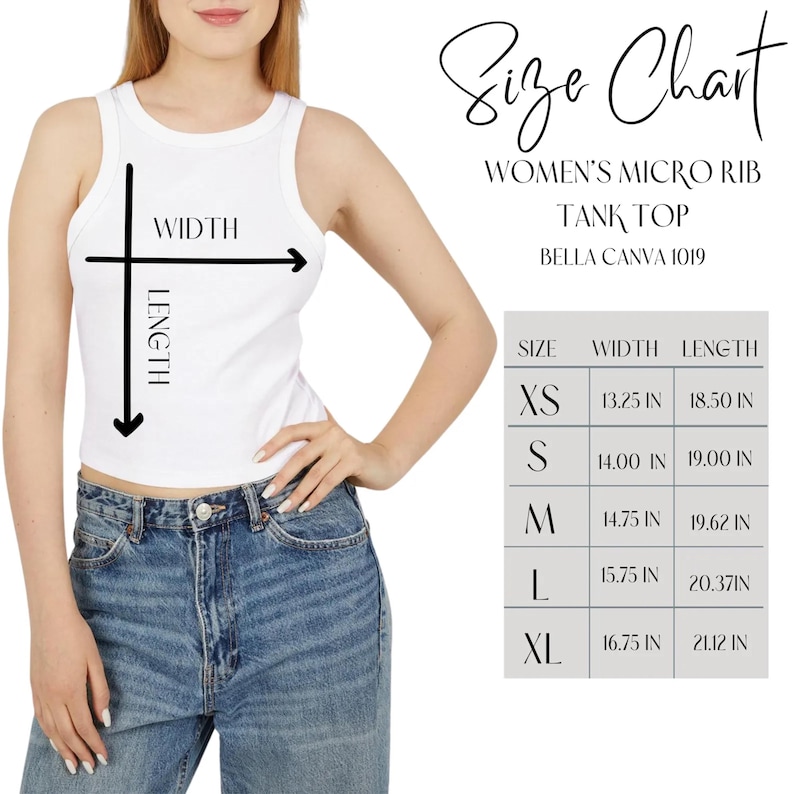Może przedstawiać: Biały tank top z mikroribami oraz tabela rozmiar&oacute;w przedstawiająca szerokość i długość w calach dla rozmiar&oacute;w od XS do XL. Tabela zawiera szerokości od 13,25 do 16,75 cala oraz długości od 18,50 do 21,12 cala dla modelu Bella Canva 1019.