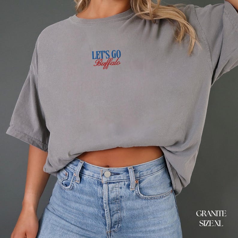 Let's Go Buffalo Embroidered Comfort Colors T-Shirt, Vintage Style Tee, Gift for Buffalo Fan, Embroidered Football Shirt, Tailgating Shirt