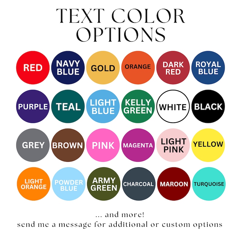 Puede incluir: Una imagen que muestra opciones de color de texto. La imagen presenta una cuadr&iacute;cula de c&iacute;rculos de colores, cada uno etiquetado con un nombre de color, como rojo, azul, dorado y verde. El texto en la parte superior dice "TEXT COLOR OPTIONS". Hay m&aacute;s opciones disponibles.