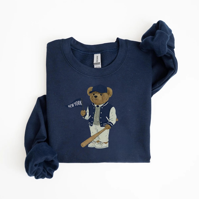 New York Baseball, Vintage Bear Sweatshirt, NYC Fan Gear, Baseball Crewneck, Retro Sportswear, Gameday Outfit, Tailgate Style, New York Navy Gift, Classic Varsity Sweatshirt, Cozy Baseball Pullover, Throwback Baseball, Stadium Style, Baseball Season