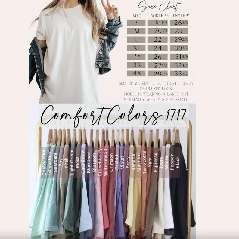 Op de afbeelding: Een Comfort Colors 1717 t-shirt in diverse kleuren hangend aan een rek, waaronder Chalky Mint, Island Reef, Seafoam, Bay, Khaki, Light Green, Moss, Chambray, Blue Jean, Blossom, Crunchberry, Watermelon, Crimson, Orchid, Violet, Berry, Banana, Mustard, Terracotta, Yam, Espresso, Ivory, White, Pepper en Black. Een maattabel met afmetingen in inches is inbegrepen.