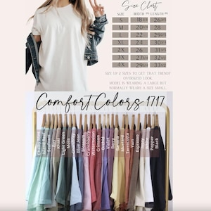 May include: A Comfort Colors 1717 t-shirt shown in a variety of colors hanging on a rack. The image includes a size chart with measurements in inches, listing sizes S through 4X, and a color palette list ranging from Chalky Mint to Black.