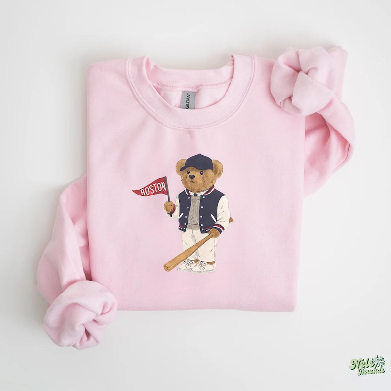 Boston Baseball, Vintage Bear Sweatshirt, Boston Mass Fan Gear, Baseball Crewneck, Retro Sportswear, Gameday Outfit, Tailgate Style, Boston Baseball Gift, Classic Varsity Sweatshirt, Cozy Baseball Pullover, Throwback Baseball, Stadium Style, Baseball Season, Teddy Bear Print, Red and Blue Print Sweatshirt