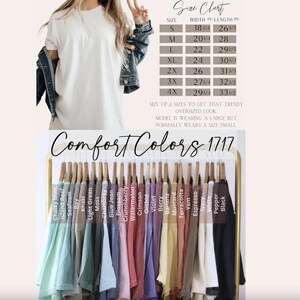 May include: A selection of Comfort Colors 1717 t-shirts in a range of colours, such as Chalky Mint, Island Reef, and Black. A size chart is shown, with measurements in inches. The text "Comfort Colors 1717" is displayed.