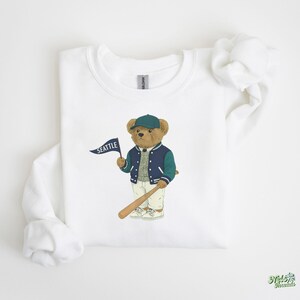 Seattle Baseball Vintage Bear Sweatshirt: PNW Unisex Crewneck City Pride Pullover White