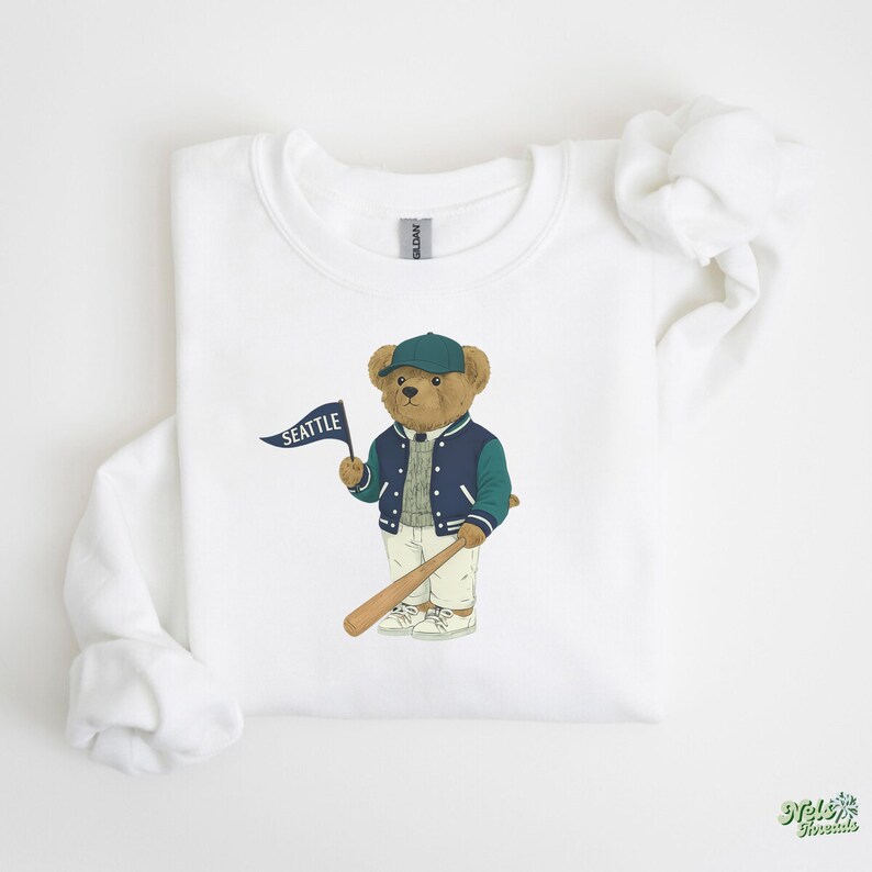 Seattle Baseball Vintage Bear Sweatshirt: PNW Unisex Crewneck City Pride Pullover White