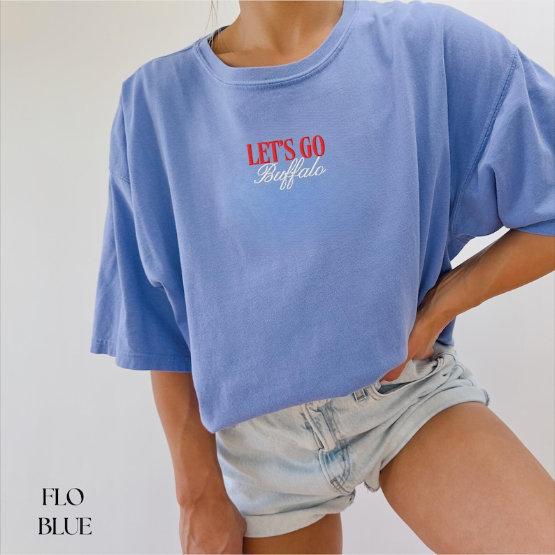 Let's Go Buffalo Embroidered Comfort Colors T-Shirt, Vintage Style Tee, Gift for Buffalo Fan, Embroidered Football Shirt, Tailgating Shirt