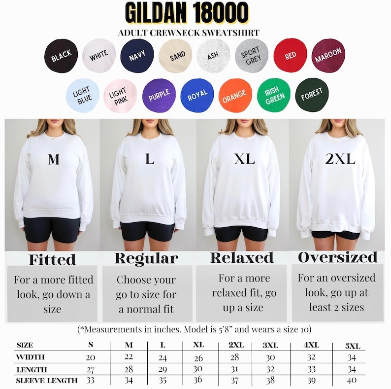 Puede incluir: Sudadera de cuello redondo para adultos Gildan 18000 blanca, con tallas M, L, XL y 2XL. Muestras de color: negro, blanco, azul marino, arena, ceniza, gris deportivo, rojo, granate, azul claro, rosa claro, morado, real, naranja, verde irland&eacute;s y bosque.