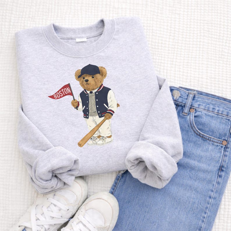 Boston Baseball, Vintage Bear Sweatshirt, Boston Mass Fan Gear, Baseball Crewneck, Retro Sportswear, Gameday Outfit, Tailgate Style, Boston Baseball Gift, Classic Varsity Sweatshirt, Cozy Baseball Pullover, Throwback Baseball, Stadium Style, Baseball Season, Teddy Bear Print, Red and Blue Print Sweatshirt