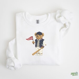 Boston Baseball, Vintage Bear Sweatshirt, Boston Mass Fan Gear, Baseball Crewneck, Retro Sportswear, Gameday Outfit, Tailgate Style, Boston Baseball Gift, Classic Varsity Sweatshirt, Cozy Baseball Pullover, Throwback Baseball, Stadium Style, Baseball Season, Teddy Bear Print, Red and Blue Print Sweatshirt