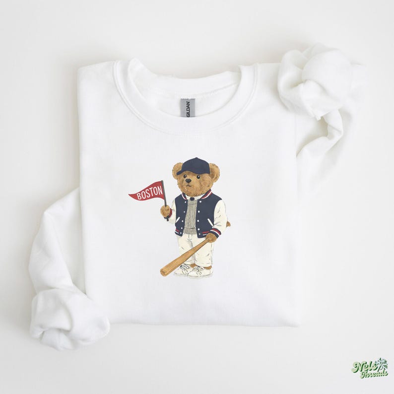 Boston Baseball, Vintage Bear Sweatshirt, Boston Mass Fan Gear, Baseball Crewneck, Retro Sportswear, Gameday Outfit, Tailgate Style, Boston Baseball Gift, Classic Varsity Sweatshirt, Cozy Baseball Pullover, Throwback Baseball, Stadium Style, Baseball Season, Teddy Bear Print, Red and Blue Print Sweatshirt
