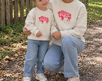 Let's Go Buffalo Mommy and Me Matching Printed Crewneck Sweatshirts | Buffalo Football Women’s, Toddler, Infant Pullover | Gifts for Moms