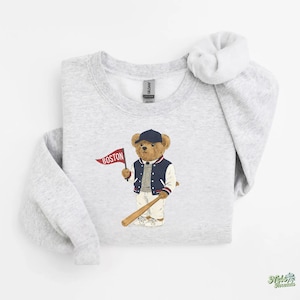 Boston Baseball, Vintage Bear Sweatshirt, Boston Mass Fan Gear, Baseball Crewneck, Retro Sportswear, Gameday Outfit, Tailgate Style, Boston Baseball Gift, Classic Varsity Sweatshirt, Cozy Baseball Pullover, Throwback Baseball, Stadium Style, Baseball Season, Teddy Bear Print, Red and Blue Print Sweatshirt