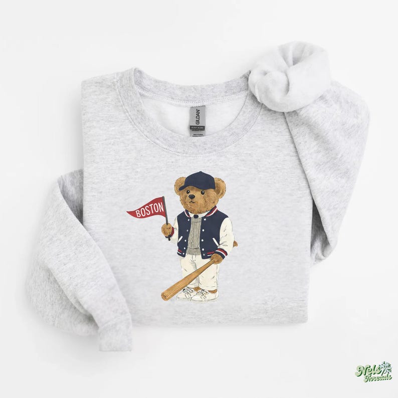 Boston Baseball, Vintage Bear Sweatshirt, Boston Mass Fan Gear, Baseball Crewneck, Retro Sportswear, Gameday Outfit, Tailgate Style, Boston Baseball Gift, Classic Varsity Sweatshirt, Cozy Baseball Pullover, Throwback Baseball, Stadium Style, Baseball Season, Teddy Bear Print, Red and Blue Print Sweatshirt