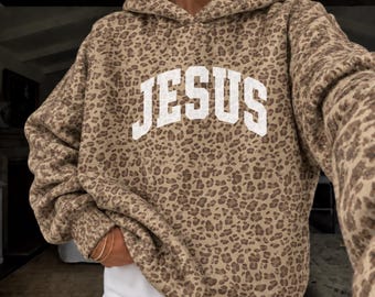 Jesus Cheetah Print Hoodie | Heavyweight Hooded Sweatshirt for Women | Aesthetic Religious Print Pullovers
