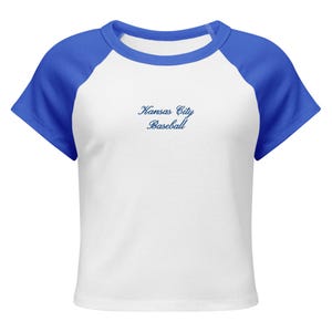 Kansas City Baseball Embroidered Baby Tee, Womens Embroidery, KC Crop Top, Blue Embroidery Cropped Shirt, Baseball Game Outfits