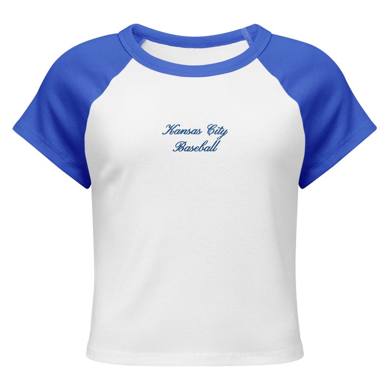 Kansas City Baseball Embroidered Baby Tee, Womens Embroidery, KC Crop Top, Blue Embroidery Cropped Shirt, Baseball Game Outfits