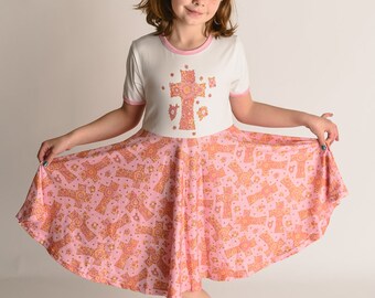 Easter Floral Cross Twirl Dress, Soft fabric. Girls dress