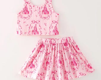 Pink Magical Castle Top and Skort Set Girls Dress. Summer Outfit