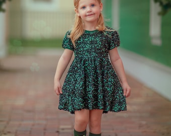 Green Sparkle Twirl Dress, Soft Christmas New Years Birthday Dress. St Patricks Day