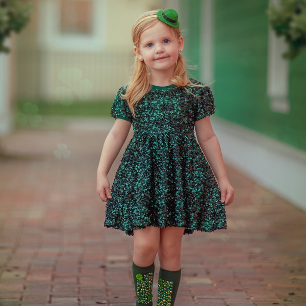 Green Sparkle Twirl Dress, Soft Christmas New Years Birthday Dress. St Patricks Day