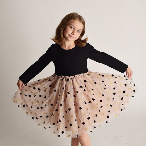 Holiday Gold Stars Sparkle Tutu Dress, Soft Christmas New Years Birthday Dress.