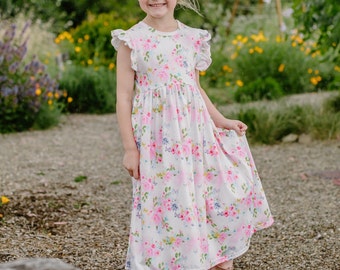 Floral Maxi Ruffled Dress, Easter Spring Dress Soft Milk Silk