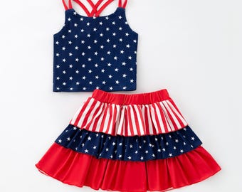 Patriotic Top and Skort Set Girls Dress. Summer Outfit