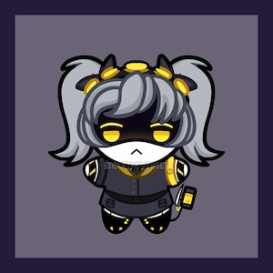 May include: A stylized plush figure with grey hair in pigtails, a black visor with glowing yellow eyes, and a dark grey uniform with yellow accents. The character features a small white mouth and the text ENDOFTHEVERSES printed on the chest area.