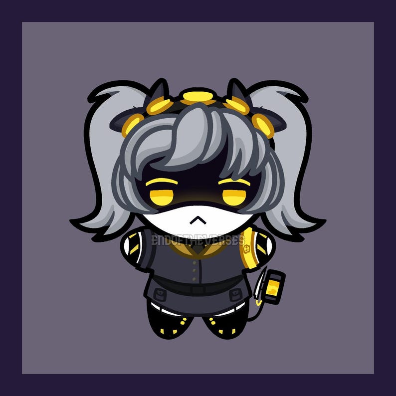 May include: A stylized plush figure with grey hair in pigtails, a black visor with glowing yellow eyes, and a dark grey uniform with yellow accents. The character features a small white mouth and the text ENDOFTHEVERSES printed on the chest area.