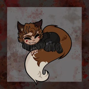 May include: A cartoon illustration of a person with fox-like features, wearing a black jacket, and resting on a large, fluffy tail. The character has brown hair and ears, with a white and brown tail. The background is a mottled gray with red accents.