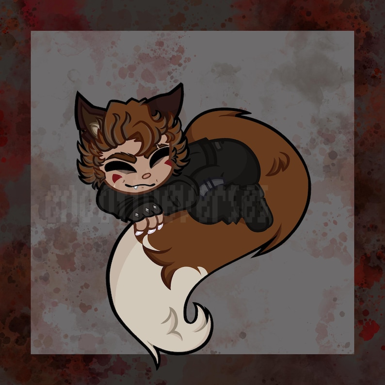 May include: A cartoon illustration of a person with fox-like features, wearing a black jacket, and resting on a large, fluffy tail. The character has brown hair and ears, with a white and brown tail. The background is a mottled gray with red accents.