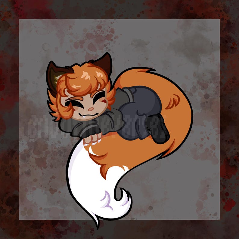 May include: A cartoon illustration of a fox-like creature with orange fur, a white-tipped tail, and wearing a gray jacket. The fox is smiling and has brown ears. The background is a mottled gray with red accents.