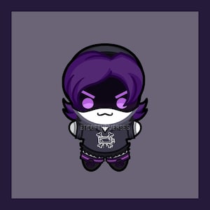May include: A stylized plush character with vibrant purple hair, a black visor featuring glowing purple eyes, and a white face with a simple mouth. The character wears a dark grey hoodie with a battery icon and the text ENDOFTHESVERSES.