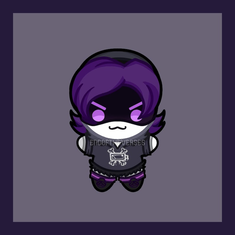 May include: A stylized plush character with vibrant purple hair, a black visor featuring glowing purple eyes, and a white face with a simple mouth. The character wears a dark grey hoodie with a battery icon and the text ENDOFTHESVERSES.